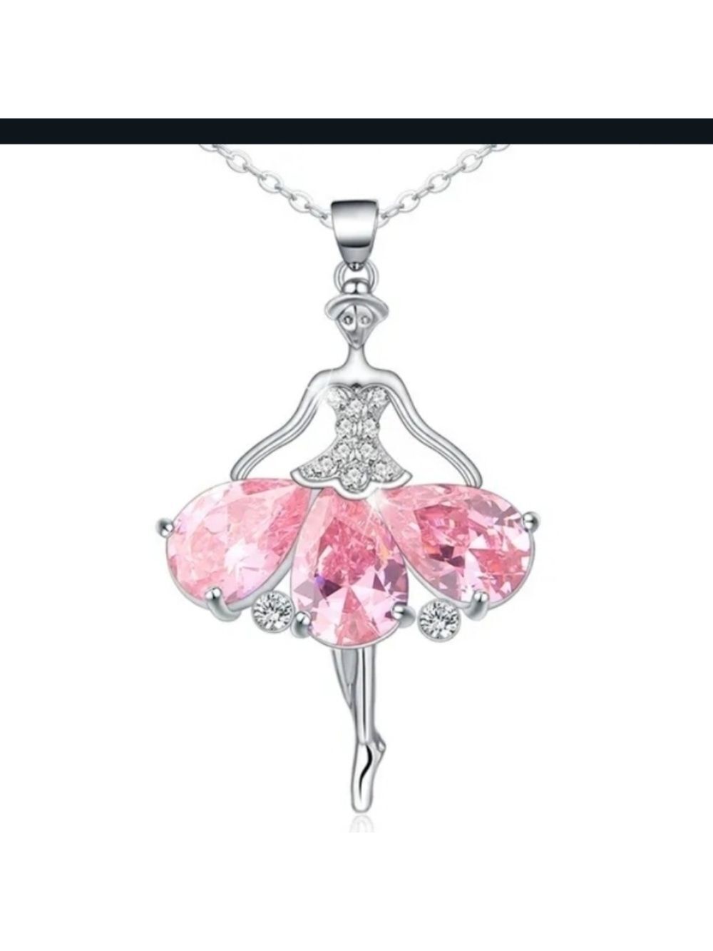 Pink White Rhinestone Silvertone Ballerina Necklace